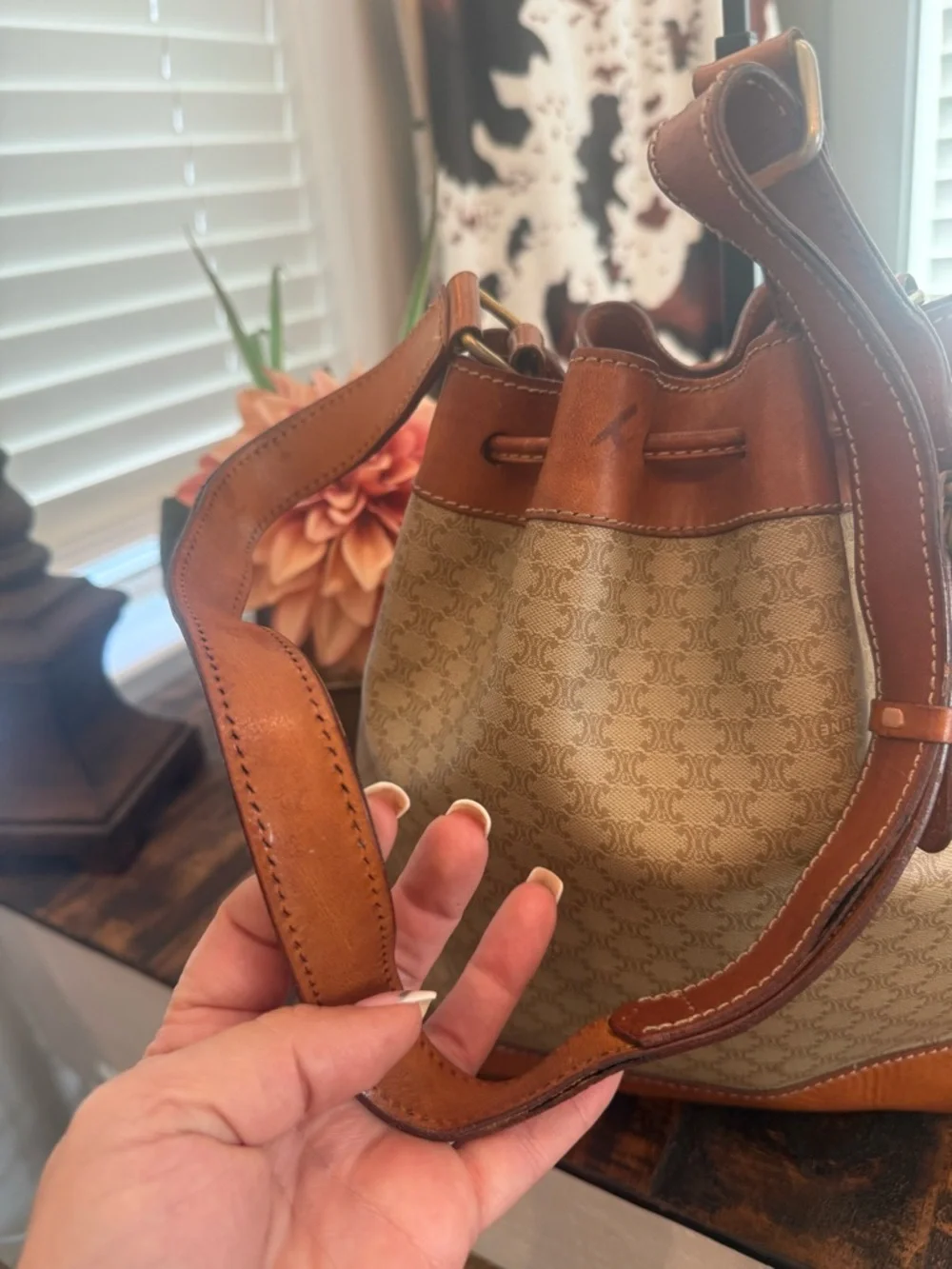 Celine Beige & Brown Canvas Bucket Shoulder Bag - Picture 4 of 12